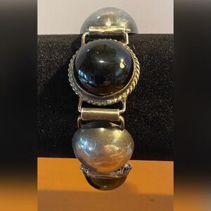 Vintage Mexico Sterling Silver Black Stone Beaded Bracelet Domed Cabochon 1.9 Oz